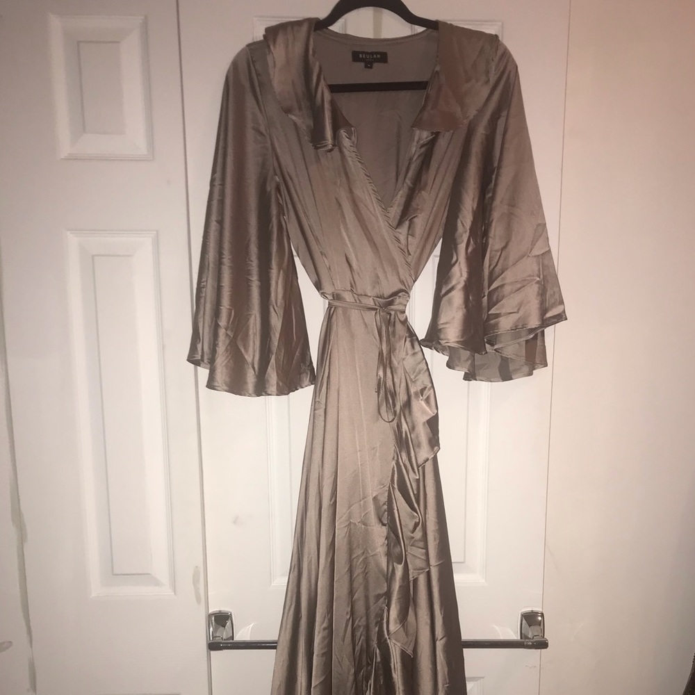 floor length satin wrap dress